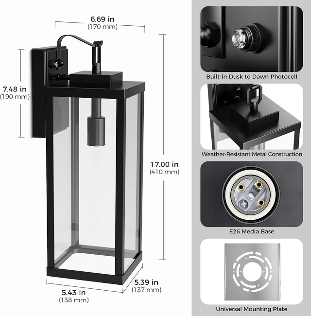 Alt view image 5 of 7 - LOHAS 17" Large Size Dusk to Dawn Outdoor Wall Lights, Black Phoch Lights