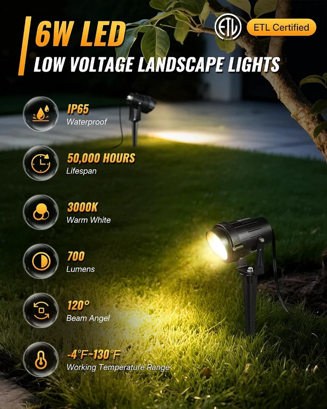 Alt view image 2 of 7 - 6W 700LM Low Voltage Landscape Lighting, 12V AC/DC 3000K Warm White LED Low Voltage Landscape Lights, IP65 Waterproof Outdoor Spotlights with Connectors for Garden Tree Yard 2 Pack W01SLP206