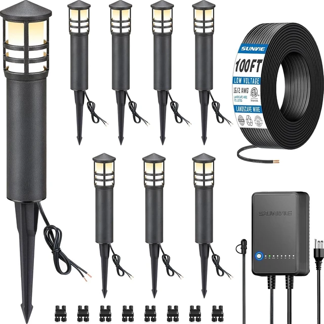 Main image of SUNVIE All-in-One LED Landscape Lighting Kit, 8-Pack Low Voltage Pathway Lights with Transformer and 100FT 16/2 AWG Wire, 3000K Waterproof Landscape Lights with Connectors for Walkway Garden Yard