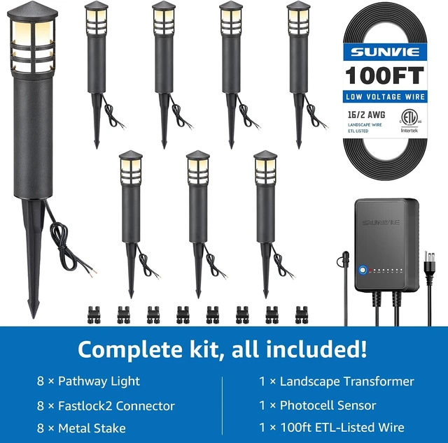 Alt view image 5 of 7 - SUNVIE All-in-One LED Landscape Lighting Kit, 8-Pack Low Voltage Pathway Lights with Transformer and 100FT 16/2 AWG Wire, 3000K Waterproof Landscape Lights with Connectors for Walkway Garden Yard