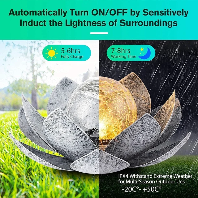 Alt view image 3 of 6 - Huaxu Solar Lights Outdoor Garden, Crackle Globe Glass Lotus Decor, Waterproof LED Metal Flower Decorations for Patio,Lawn,Walkway,Tabletop,Ground