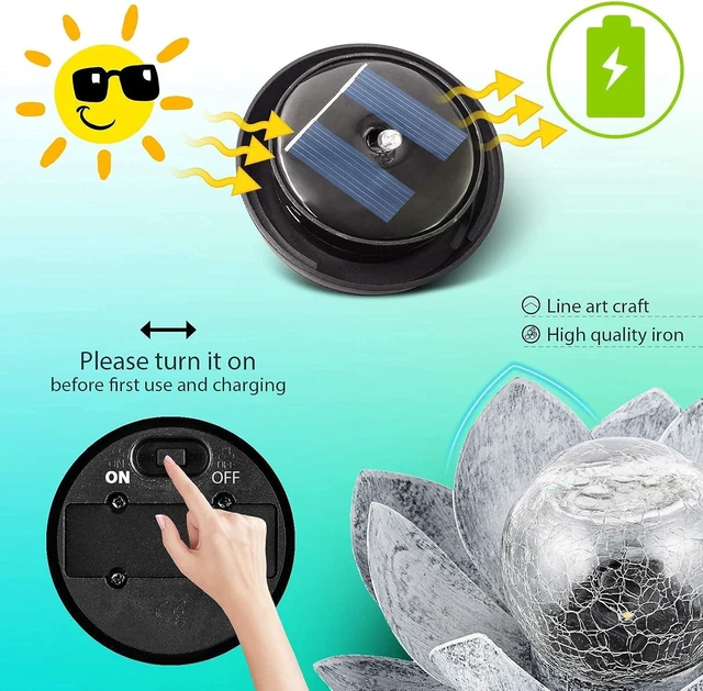 Alt view image 4 of 6 - Huaxu Solar Lights Outdoor Garden, Crackle Globe Glass Lotus Decor, Waterproof LED Metal Flower Decorations for Patio,Lawn,Walkway,Tabletop,Ground