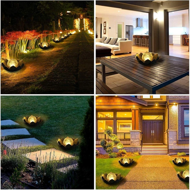Alt view image 5 of 6 - Huaxu Solar Lights Outdoor Garden, Crackle Globe Glass Lotus Decor, Waterproof LED Metal Flower Decorations for Patio,Lawn,Walkway,Tabletop,Ground