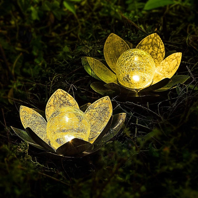 Alt view image 6 of 6 - Huaxu Solar Lights Outdoor Garden, Crackle Globe Glass Lotus Decor, Waterproof LED Metal Flower Decorations for Patio,Lawn,Walkway,Tabletop,Ground