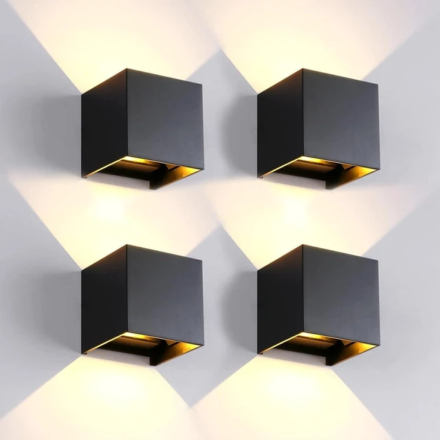 Main image of Mille Lucciole 4 Pack Outdoor Wall Lights Exterior/Interior LED Wall Sconces IP65 Waterproof Square Aluminum Wall Lamps Outdoor Lighting Fixture Up and Down Lights Modern Black 12W 3000K Warm Lights