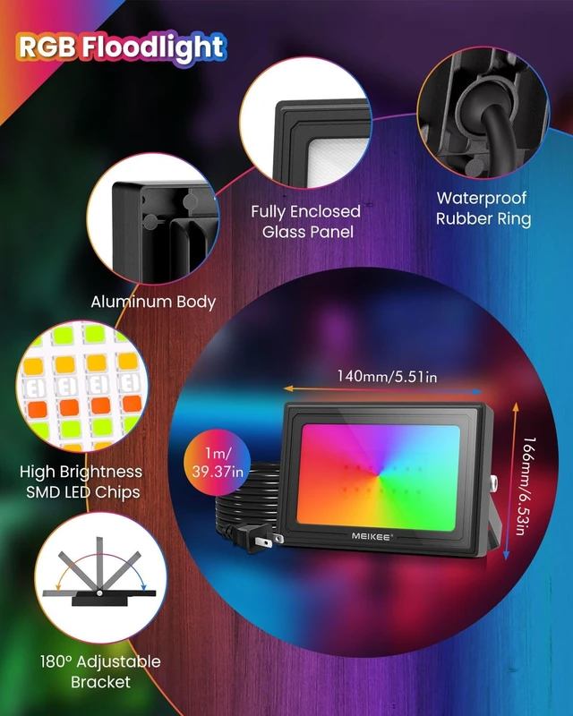 Alt view image 7 of 7 - MEIKEE 25W RGB LED Flood Lights Outdoor 2500LM 250W Equivalent Wall Lamp