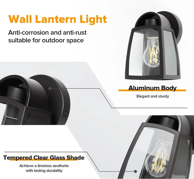 Alt view image 2 of 7 - LUTEC 2 Pack Outdoor Wall Light Fixtures, Exterior Waterproof Wall Lantern with Clear Glass Shade, Aluminum Modern Matte Black Porch Sconce Outdoor Lighting for Garage Entryway Yard