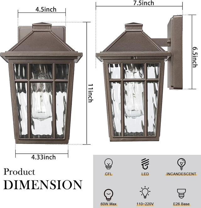 Alt view image 3 of 7 - Darkaway Outdoor Sconce Lights Wall Light Fixtures, Exterior Porch Light Outdoor Sconce Anti-Rust Waterproof Aluminum Outside Light with Water Ripple Glass for Patio Yard Doorway Garage