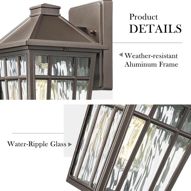 Alt view image 6 of 7 - Darkaway Outdoor Sconce Lights Wall Light Fixtures, Exterior Porch Light Outdoor Sconce Anti-Rust Waterproof Aluminum Outside Light with Water Ripple Glass for Patio Yard Doorway Garage