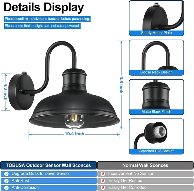 Alt view image 5 of 7 - Dusk to Dawn Outdoor Wall Sconces, Exterior Farmhouse Gooseneck Barn Lights