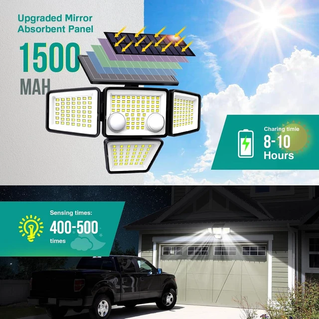 Alt view image 2 of 7 - LYWALT Solar Outdoor Lights - 3000LM 188 LED Motion Sensor Outdoor Lights, 4 Heads Security Light,IP65 Waterproof, Easy Install,270°Wide Angle Flood Wall Light with 3 Modes for Backyard Yard