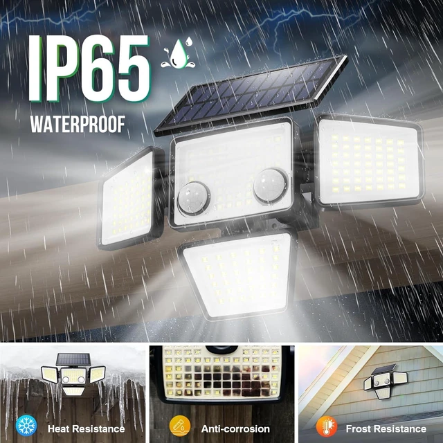 Alt view image 6 of 7 - LYWALT Solar Outdoor Lights - 3000LM 188 LED Motion Sensor Outdoor Lights, 4 Heads Security Light,IP65 Waterproof, Easy Install,270°Wide Angle Flood Wall Light with 3 Modes for Backyard Yard