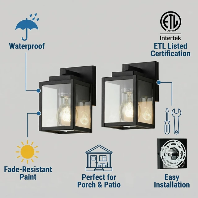Alt view image 3 of 7 - mirrea 7" Classic Outdoor Wall Sconce 1 Light in Matte Black Rectangular Metal Frame and Clear Glass Shade Waterproof Porch Light Patio Light Pack of 2