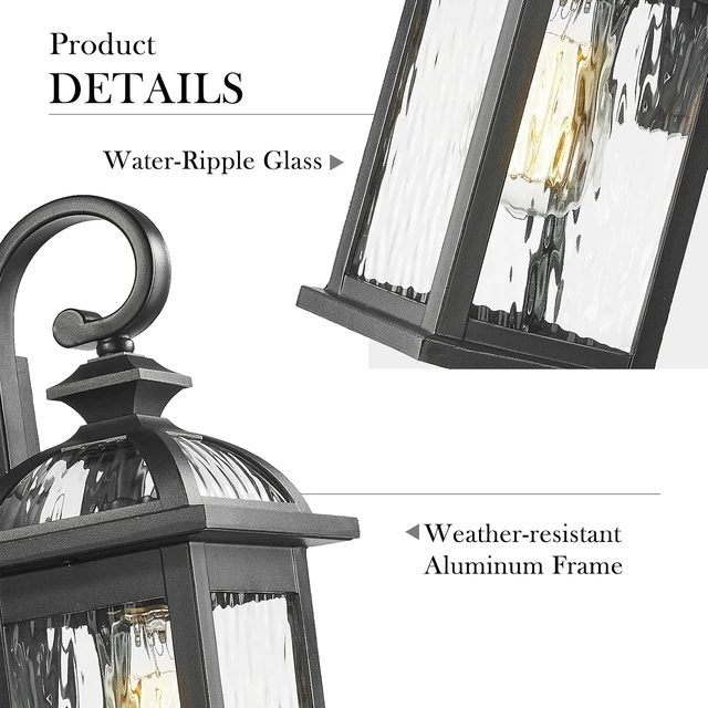 Alt view image 4 of 7 - Darkaway Outdoor Porch Lights Fixture Wall Mount, Exterior Wall Light with Water Ripple Glass Waterproof Black Outside Wall Sconce for House Hallway Garage