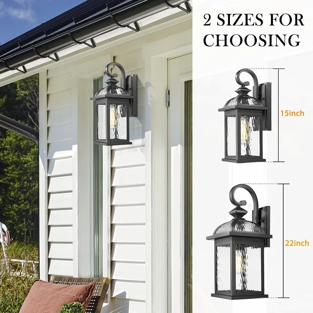 Alt view image 3 of 7 - Darkaway Outdoor Porch Lights Fixture Wall Mount, Exterior Wall Light with Water Ripple Glass Waterproof Black Outside Wall Sconce for House Hallway Garage
