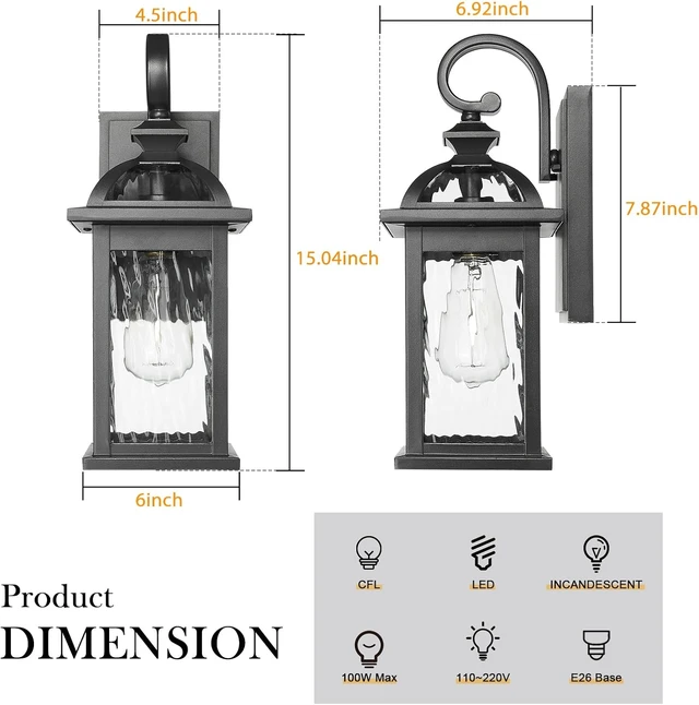 Alt view image 5 of 7 - Darkaway Outdoor Porch Lights Fixture Wall Mount, Exterior Wall Light with Water Ripple Glass Waterproof Black Outside Wall Sconce for House Hallway Garage
