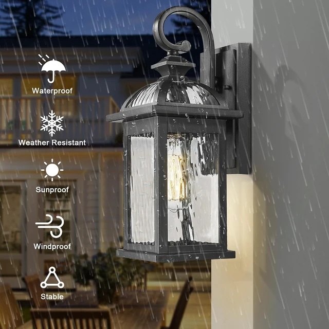 Alt view image 6 of 7 - Darkaway Outdoor Porch Lights Fixture Wall Mount, Exterior Wall Light with Water Ripple Glass Waterproof Black Outside Wall Sconce for House Hallway Garage