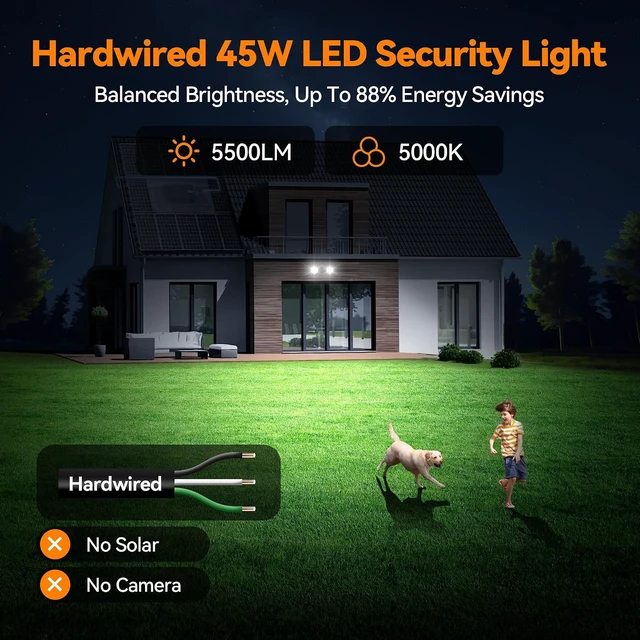 Alt view image 2 of 7 - 45W 5500LM Dusk to Dawn Flood Lights Outdoor, Dual Head LED Outdoor Security Lights, 5000K Daylight, IP65 Waterproof Hardwired Exterior Light Fixture for Garage, Yard, Backyard (Black)