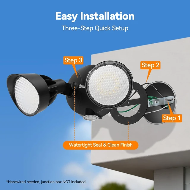 Alt view image 7 of 7 - 45W 5500LM Dusk to Dawn Flood Lights Outdoor, Dual Head LED Outdoor Security Lights, 5000K Daylight, IP65 Waterproof Hardwired Exterior Light Fixture for Garage, Yard, Backyard (Black)