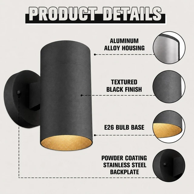Alt view image 5 of 7 - Ken & Ricky Modern Outdoor Wall Sconce Lights,CylinderBlack 2 Pack