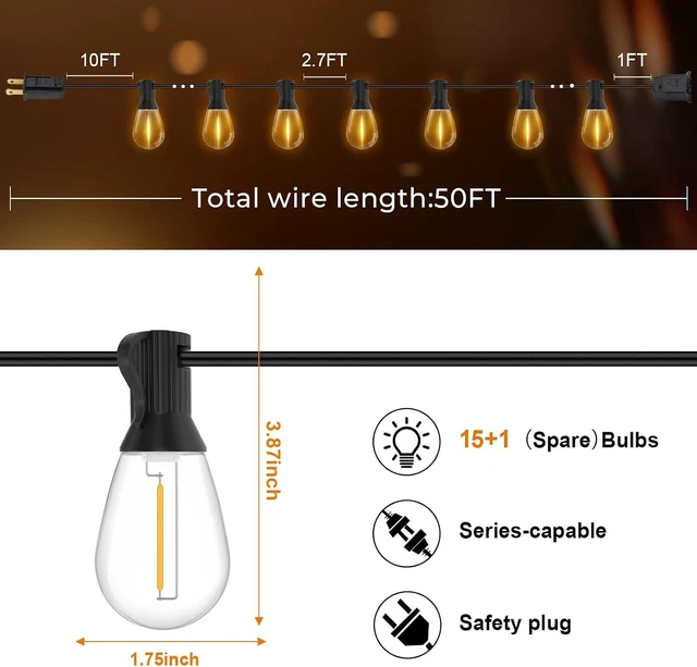 Alt view image 6 of 7 - GvvooHome Outdoor String Lights, 50FT LED Waterproof Patio Lights