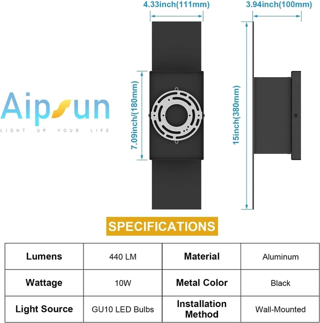 Alt view image 5 of 7 - Aipsun 2 Pack Outdoor LED Up Down Wall Sconces, Black Modern Porch Lights