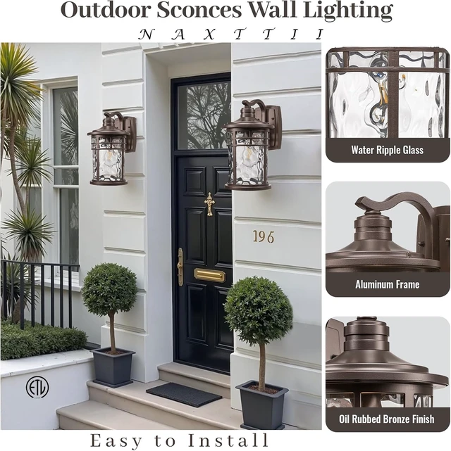 Alt view image 4 of 7 - 14.5 Inch Height Outdoor Wall Lights Waterproof Exterior Lighting Fixtures with Water Ripple Glass ORB Finish Outside Lights for House E27 Socket