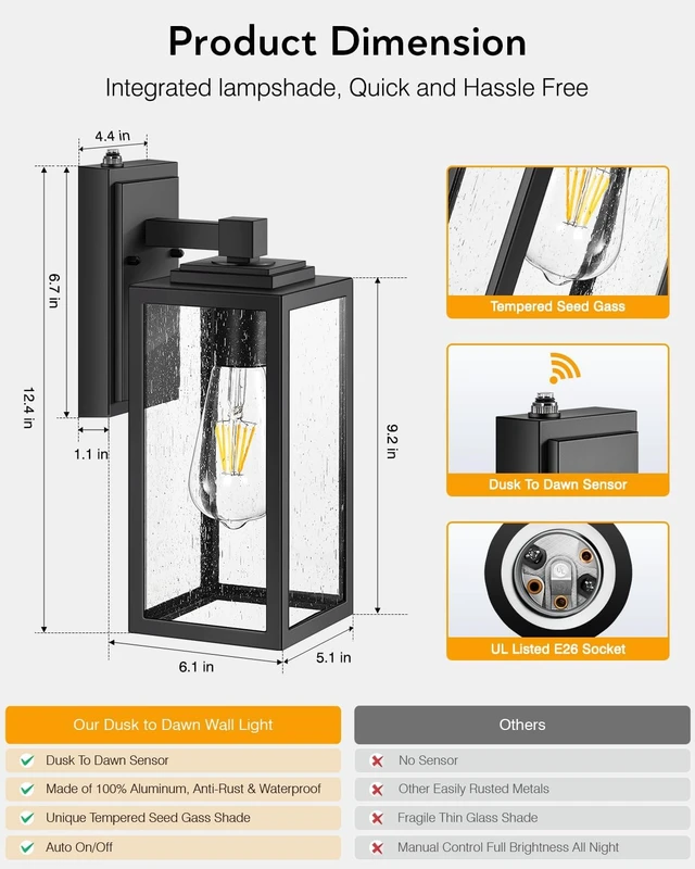 Alt view image 7 of 7 - VIANIS Dusk to Dawn Outdoor Porch Lights Wall Mount, Anti-Rust, Waterproof