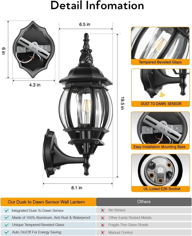 Alt view image 6 of 7 - VIANIS Dusk to Dawn LED Outdoor Lighting Wall Lanterns for Porch, Anti-Rust
