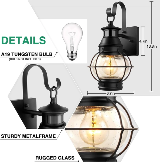 Alt view image 4 of 6 - Lamomo Outdoor Wall Light, Motion Sensor Porch Lights Outdoor Wall Light Fixture,Black Dusk to Dawn Exterior Lighting for House Waterproof Anti-Rust Wall Mount Lantern for Outside,Garage(NO Bulb)