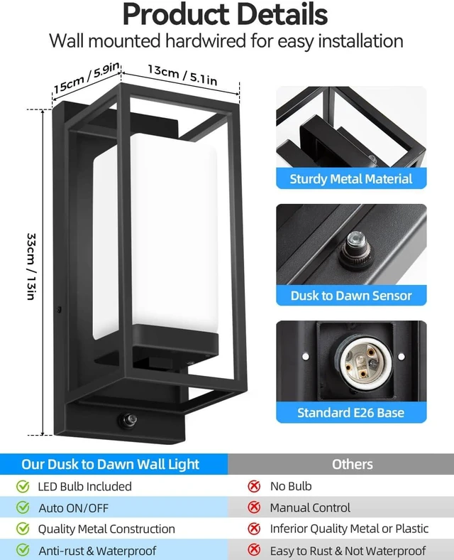 Alt view image 5 of 7 - RAYVO Dusk to Dawn Outdoor Wall Lights 2 Pack, LED Bulb Included, E26 Base