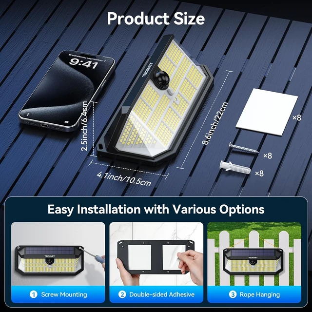 Alt view image 7 of 7 - TECKNET Solar Lights Outdoor 495 LED Motion Sensor Waterproof Wall Lights