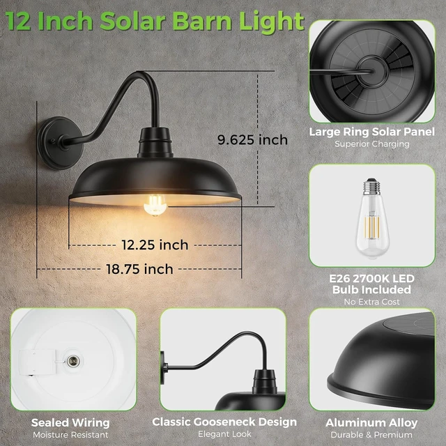 Alt view image 7 of 7 - Solar Barn Light for Outside, 12 Inch Solar Gooseneck Barn Light