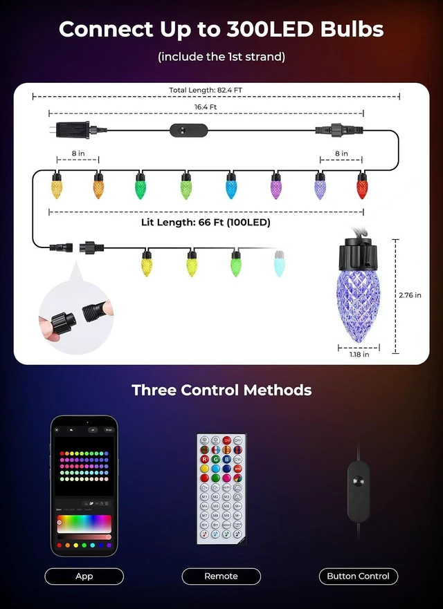 Alt view image 6 of 7 - Outdoor Christmas Lights, 100 LED C9 String Lights, Smart APP & Remote
