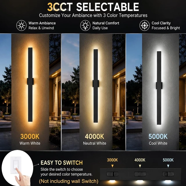 Alt view image 3 of 7 - 2Pack Modern Outdoor Wall Lights Dimmable,23.6" Linear Led Exterior Wall Light,3CCT, Aluminum& PC,IP65-Waterproof, Long Exterior Lighting Fixtures for Front Door,Stair, Black,Wall,Garage