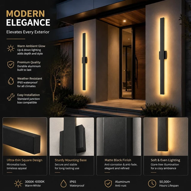 Alt view image 4 of 7 - 2Pack Modern Outdoor Wall Lights Dimmable,23.6" Linear Led Exterior Wall Light,3CCT, Aluminum& PC,IP65-Waterproof, Long Exterior Lighting Fixtures for Front Door,Stair, Black,Wall,Garage