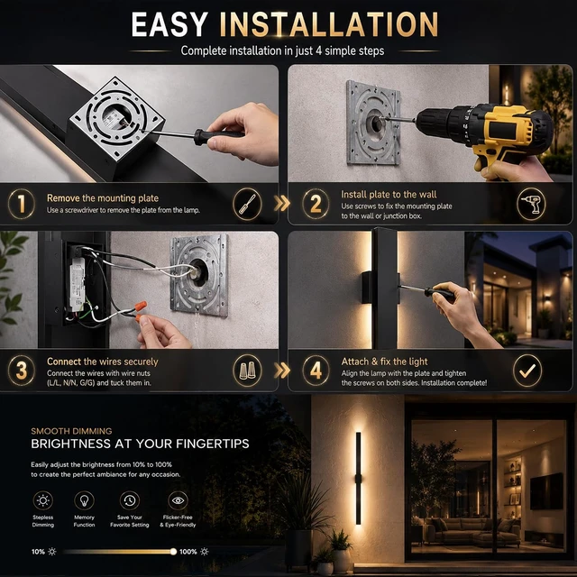 Alt view image 6 of 7 - 2Pack Modern Outdoor Wall Lights Dimmable,23.6" Linear Led Exterior Wall Light,3CCT, Aluminum& PC,IP65-Waterproof, Long Exterior Lighting Fixtures for Front Door,Stair, Black,Wall,Garage