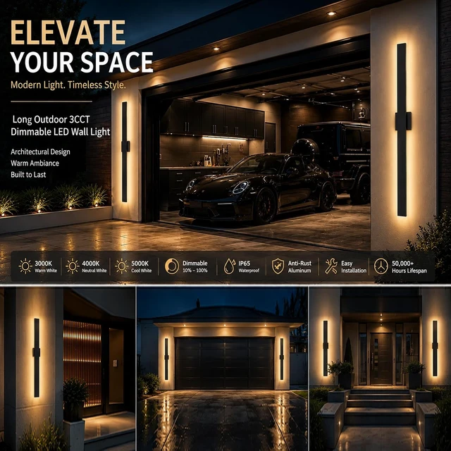 Alt view image 7 of 7 - 2Pack Modern Outdoor Wall Lights Dimmable,23.6" Linear Led Exterior Wall Light,3CCT, Aluminum& PC,IP65-Waterproof, Long Exterior Lighting Fixtures for Front Door,Stair, Black,Wall,Garage