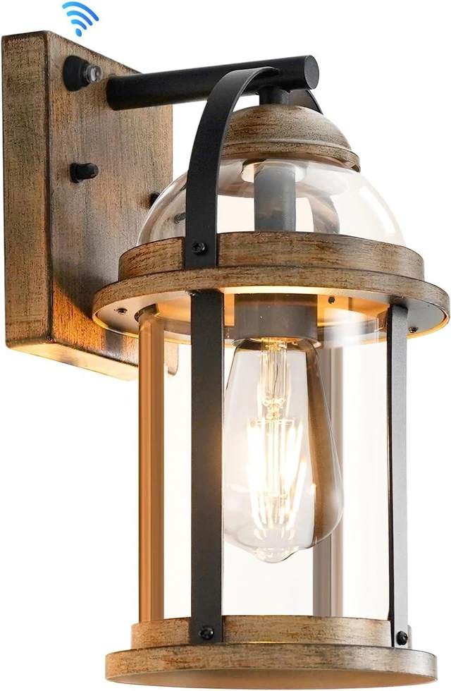 Main image of OKELI Dusk to Dawn Outdoor Wall Lights, Waterproof Lighting Fixtures Rustic Farmhouse Wall Lanterns with Clear Glass Shades Anti-Rust Outside Lights for Garage Patio Porch(Wood Grain, 1 Pack)