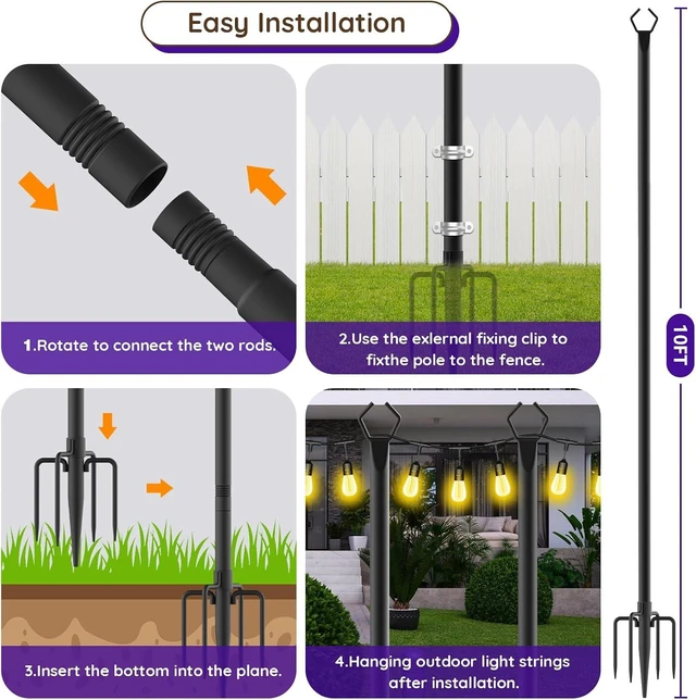 Alt view image 7 of 7 - zoegi 4 Pack 10Ft String Light Poles,Light Poles for Outside Lights with Fork,Outdoor Brackets Hanging Lights,Metal Stand for Deck Patio,Backyard,Wedding,Deck,Party (4Pack)