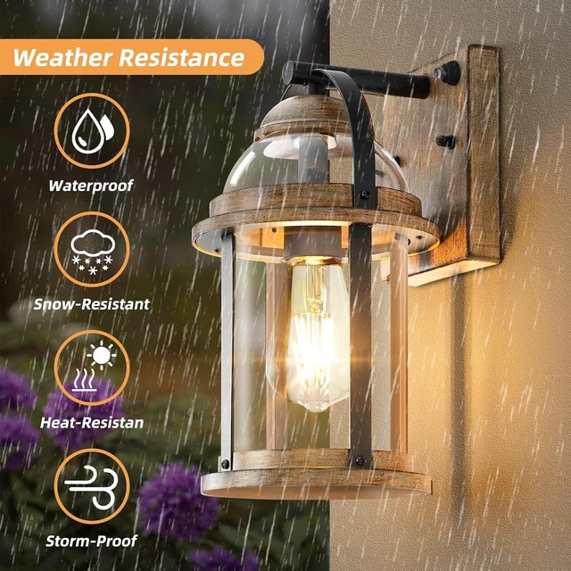 Alt view image 3 of 7 - OKELI Dusk to Dawn Outdoor Wall Lights, Waterproof Lighting Fixtures Rustic Farmhouse Wall Lanterns with Clear Glass Shades Anti-Rust Outside Lights for Garage Patio Porch(Wood Grain, 1 Pack)