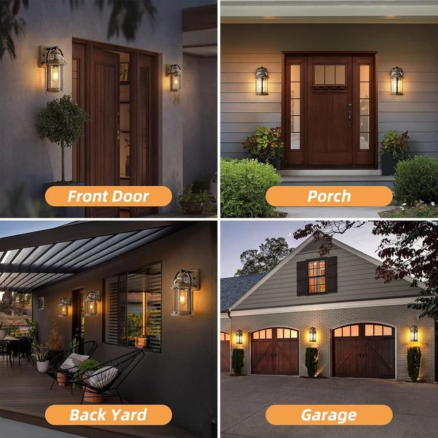 Alt view image 5 of 7 - OKELI Dusk to Dawn Outdoor Wall Lights, Waterproof Lighting Fixtures Rustic Farmhouse Wall Lanterns with Clear Glass Shades Anti-Rust Outside Lights for Garage Patio Porch(Wood Grain, 1 Pack)