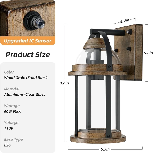 Alt view image 6 of 7 - OKELI Dusk to Dawn Outdoor Wall Lights, Waterproof Lighting Fixtures Rustic Farmhouse Wall Lanterns with Clear Glass Shades Anti-Rust Outside Lights for Garage Patio Porch(Wood Grain, 1 Pack)