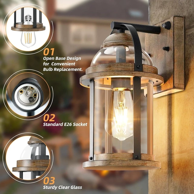 Alt view image 7 of 7 - OKELI Dusk to Dawn Outdoor Wall Lights, Waterproof Lighting Fixtures Rustic Farmhouse Wall Lanterns with Clear Glass Shades Anti-Rust Outside Lights for Garage Patio Porch(Wood Grain, 1 Pack)