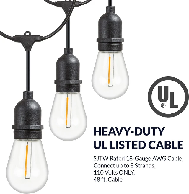 Alt view image 7 of 7 - Newhouse Lighting LED String Lights with Weatherproof Technology, Dimmable with Wireless Remote Control, 48ft and 16 (15+1 Free) LED Light Bulbs Included, Black (CSTRINGLEDDIM)