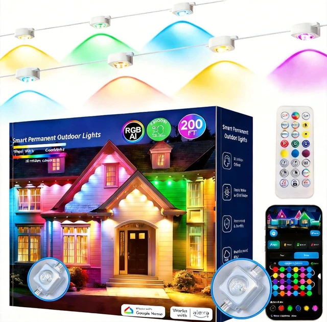 Main image of Permanent Outdoor Lights 200ft RGB+IC Outdoor String Lights App&Voice Control,IP67 Waterproof,100 Scene Modes Decoration for Home Christmas,Halloween,Holiday100ftx2pack