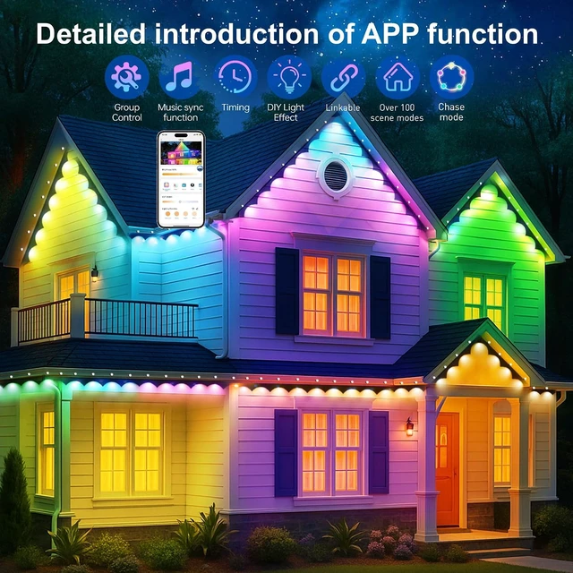 Alt view image 3 of 7 - Permanent Outdoor Lights 200ft RGB+IC Outdoor String Lights App&Voice Control,IP67 Waterproof,100 Scene Modes Decoration for Home Christmas,Halloween,Holiday100ftx2pack