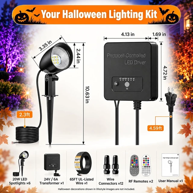 Alt view image 7 of 7 - RGBW Low Voltage Landscape Lighting Kit, 20W Outdoor Spotlight 6Pack