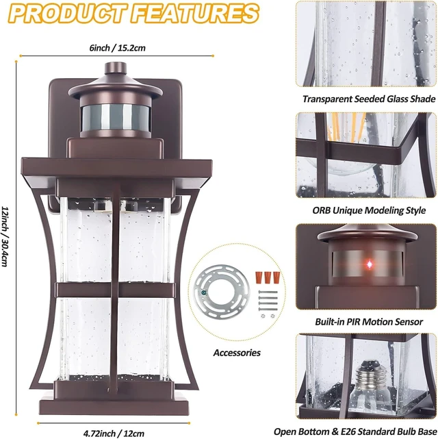 Alt view image 5 of 7 - 2 Packs Motion Sensor Outdoor Lights - Dusk to Dawn Outdoor Lighting, Oil Rubbed Bronze Porch Lights Outdoor Wall Sconce, Waterproof Exterior Light Fixtures for House, Garage, Entryway Anti-Rust, E26