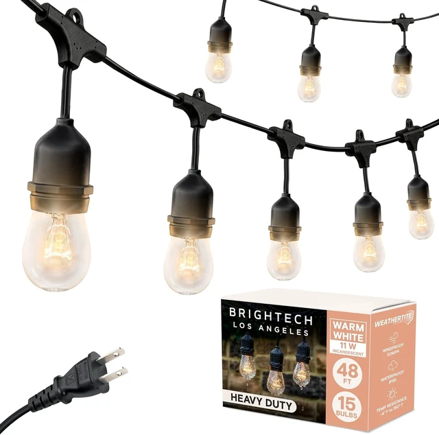 Main image of Brightech Ambience Pro Incandescent Outdoor String Lights - Commercial Grade Waterproof Patio Lights with 48 Ft Dimmable Edison Bulbs, Porch String Lights for Patio, Backyard - 15 Bulbs 11W